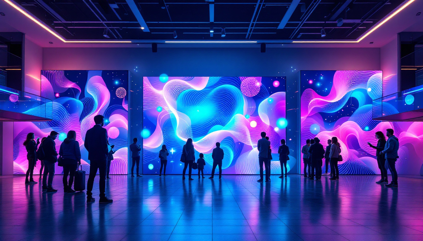 A photograph of a vibrant led wall screen displaying dynamic visuals in a modern setting