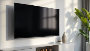 A photograph of a sleek vesa tv wall mount installed in a modern living room setting