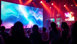 A photograph of a vibrant led video screen displaying dynamic visuals in a lively setting