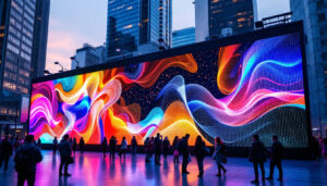 A photograph of a vibrant commercial led wall in an urban setting