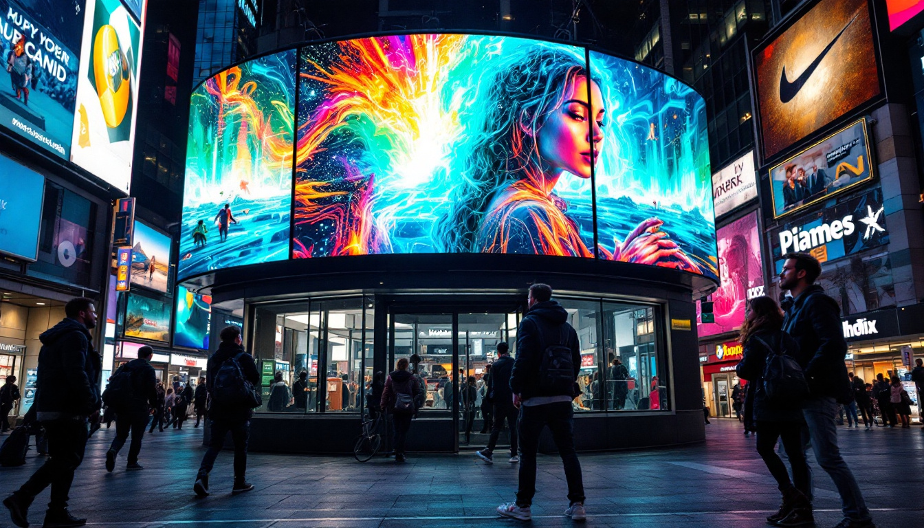 A photograph of a vibrant led large screen displaying dynamic visuals in a bustling urban environment