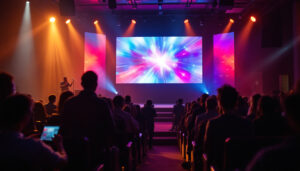 A photograph of a vibrant church interior featuring a large led display in action