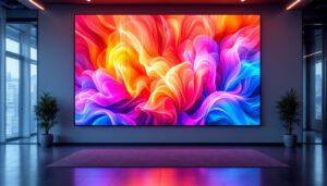 A photograph of a vibrant digital wall screen displaying dynamic visuals in a modern setting