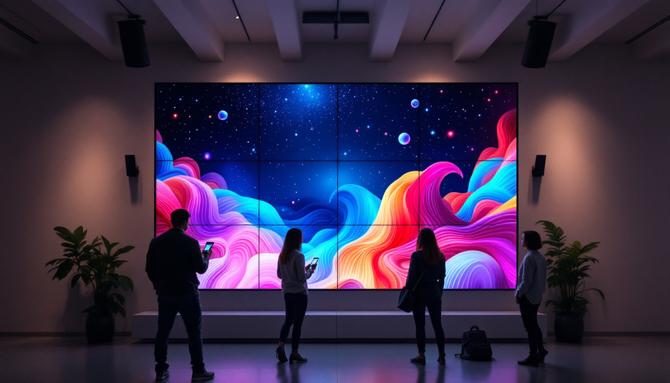 A photograph of a vibrant video wall panel in a dynamic setting