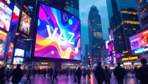 A photograph of a vibrant outdoor led screen displaying dynamic advertisements in a bustling urban setting