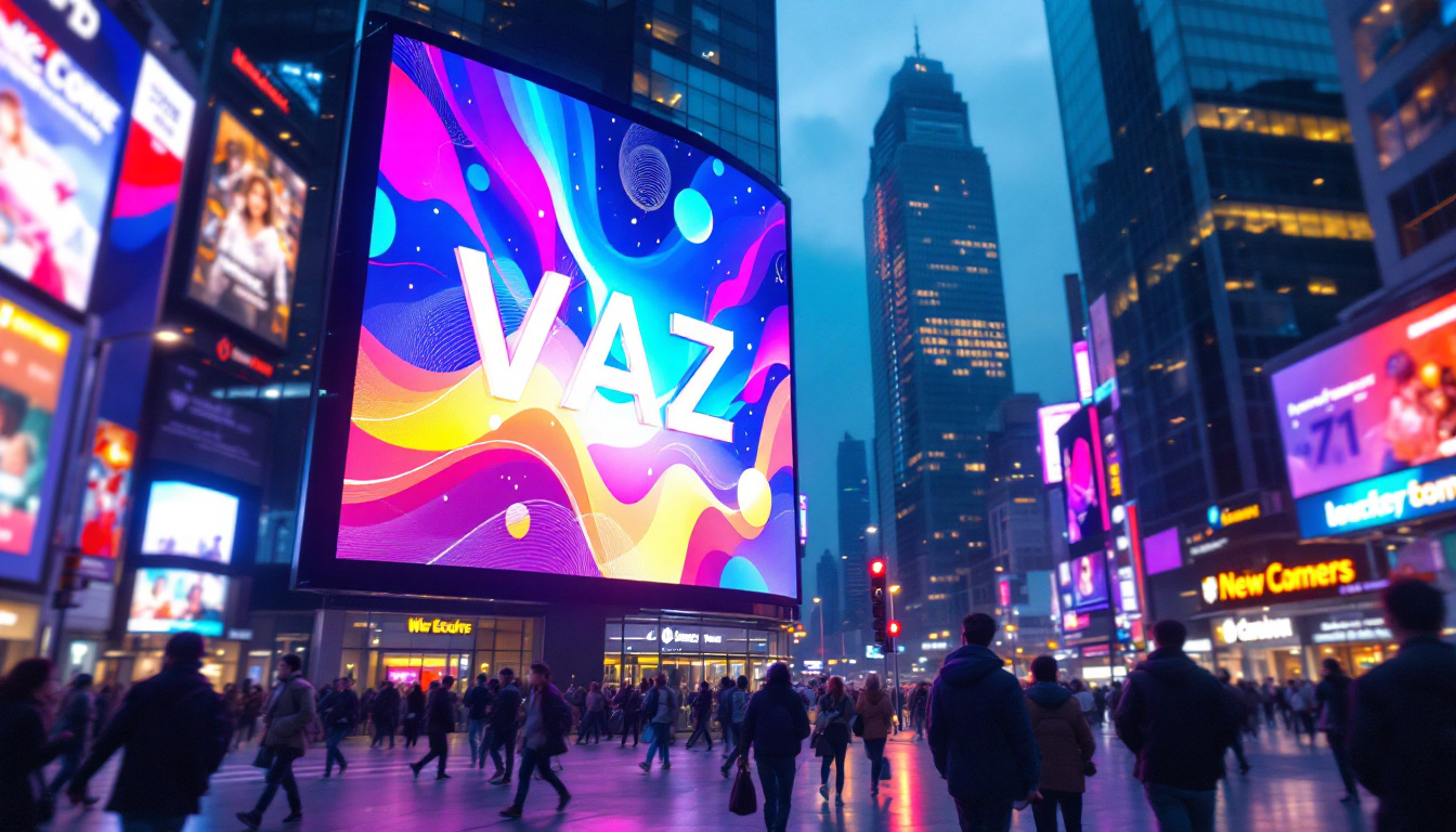 A photograph of a vibrant outdoor led screen displaying dynamic advertisements in a bustling urban setting