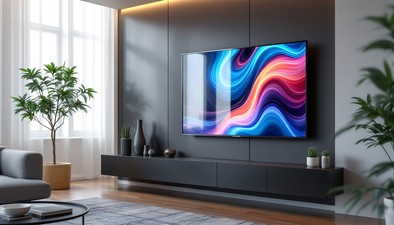 A photograph of a sleek led tv mounted on a stylish wall panel in a modern living room setting