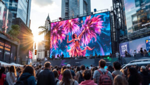 A photograph of capture a photograph of a vibrant outdoor setting showcasing a large led display in action