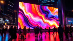 A photograph of a vibrant led display in an urban setting