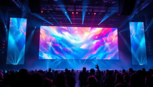 A photograph of a vibrant led display integrated into a modern truss system at a live event