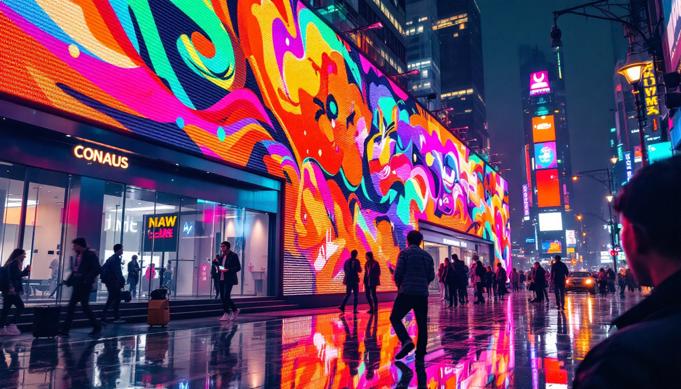 A photograph of capture a photograph of a vibrant led display in a dynamic urban setting