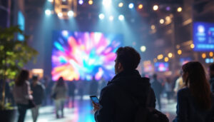 A photograph of a vibrant led video display in a dynamic setting