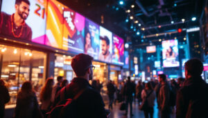 A photograph of capture a photograph of a vibrant indoor led display screen showcasing dynamic advertisements in a bustling commercial environment
