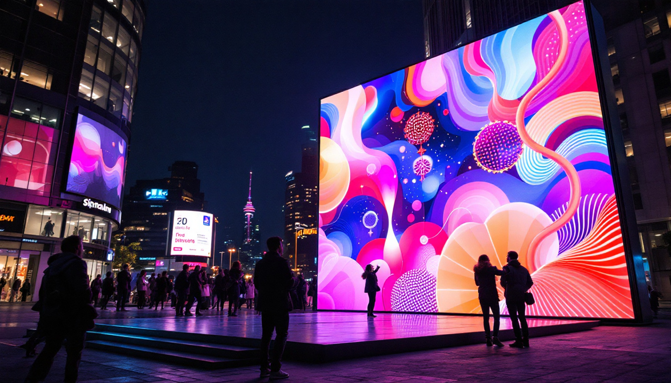 A photograph of a vibrant led display in an urban setting