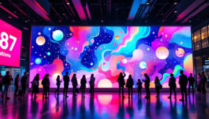 A photograph of a vibrant led display wall in a dynamic urban setting