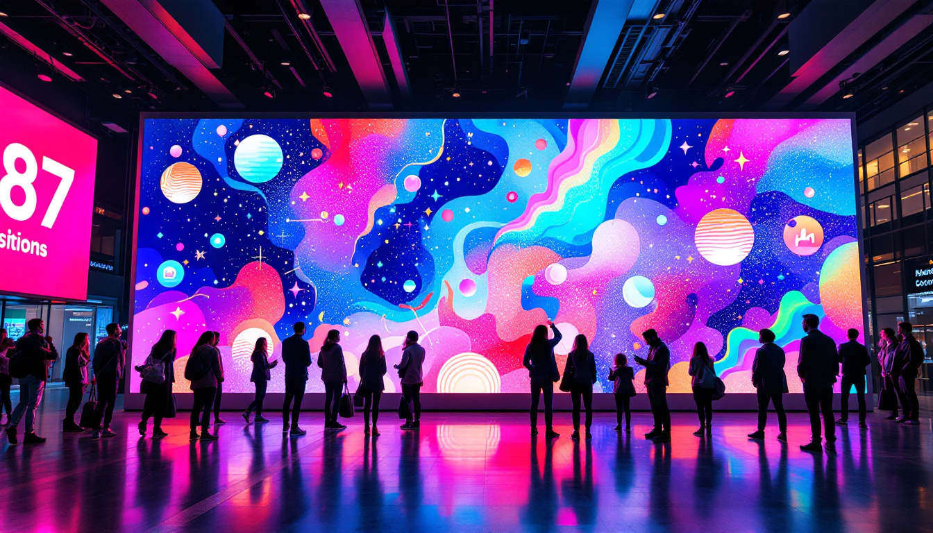 A photograph of a vibrant led display wall in a dynamic urban setting