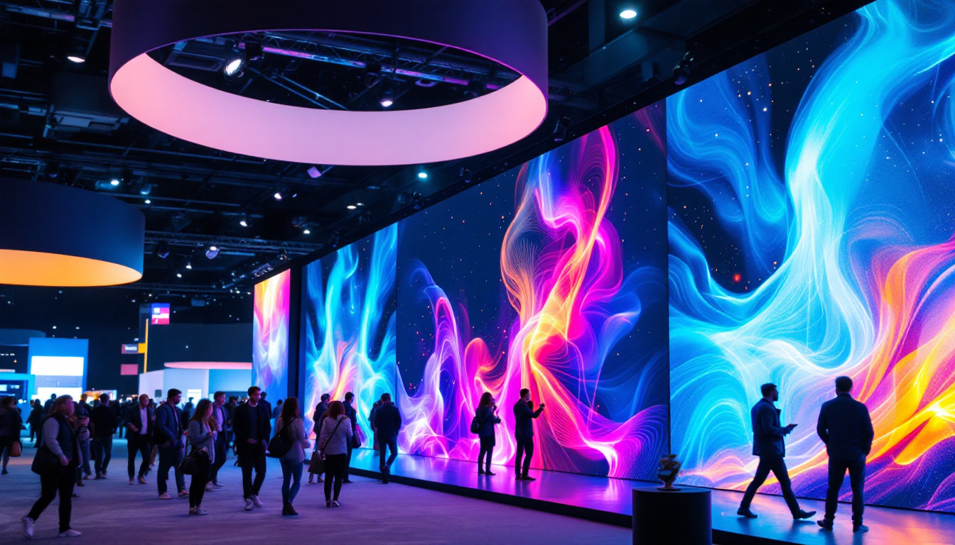 A photograph of a vibrant trade show display wall featuring a large led screen