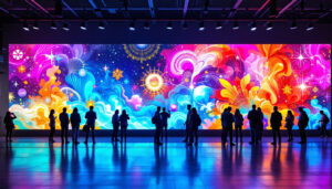 A photograph of a vibrant led display wall in a modern urban setting