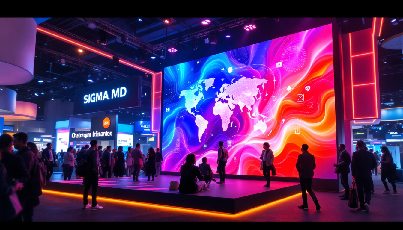 A photograph of a vibrant and engaging trade show display featuring a large led screen