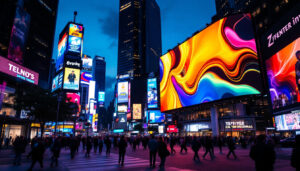 A photograph of a vibrant urban scene showcasing a large