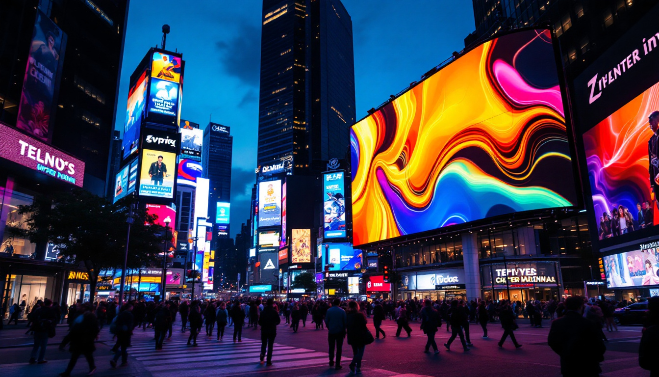 A photograph of a vibrant urban scene showcasing a large