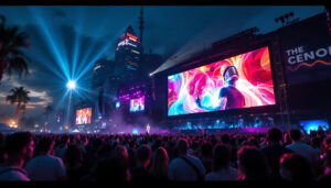 A photograph of a vibrant outdoor event featuring a large jumbotron led display in action