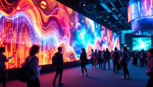 A photograph of a vibrant trade show booth featuring led wall panels in action