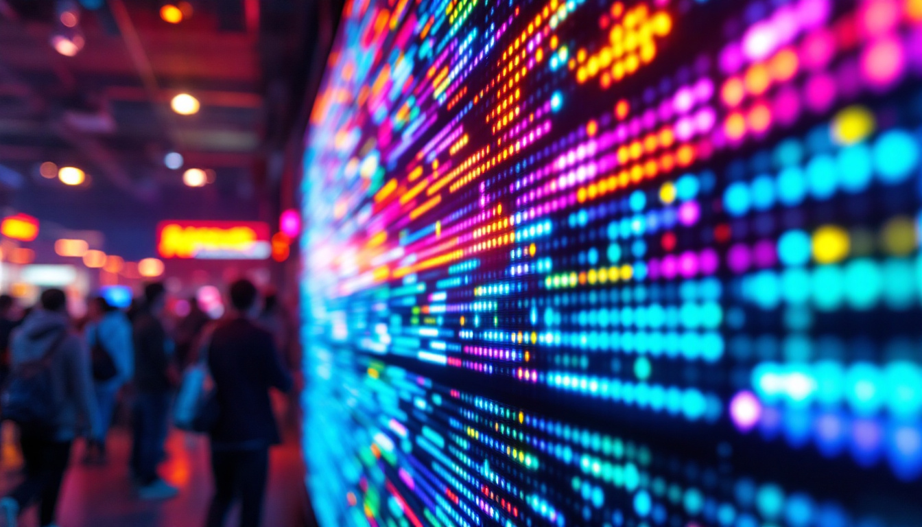 A photograph of a vibrant led grid screen in a dynamic setting