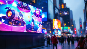 A photograph of a vibrant led display board in a bustling urban environment