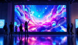 A photograph of a vibrant led screen displaying dynamic visuals in a modern setting