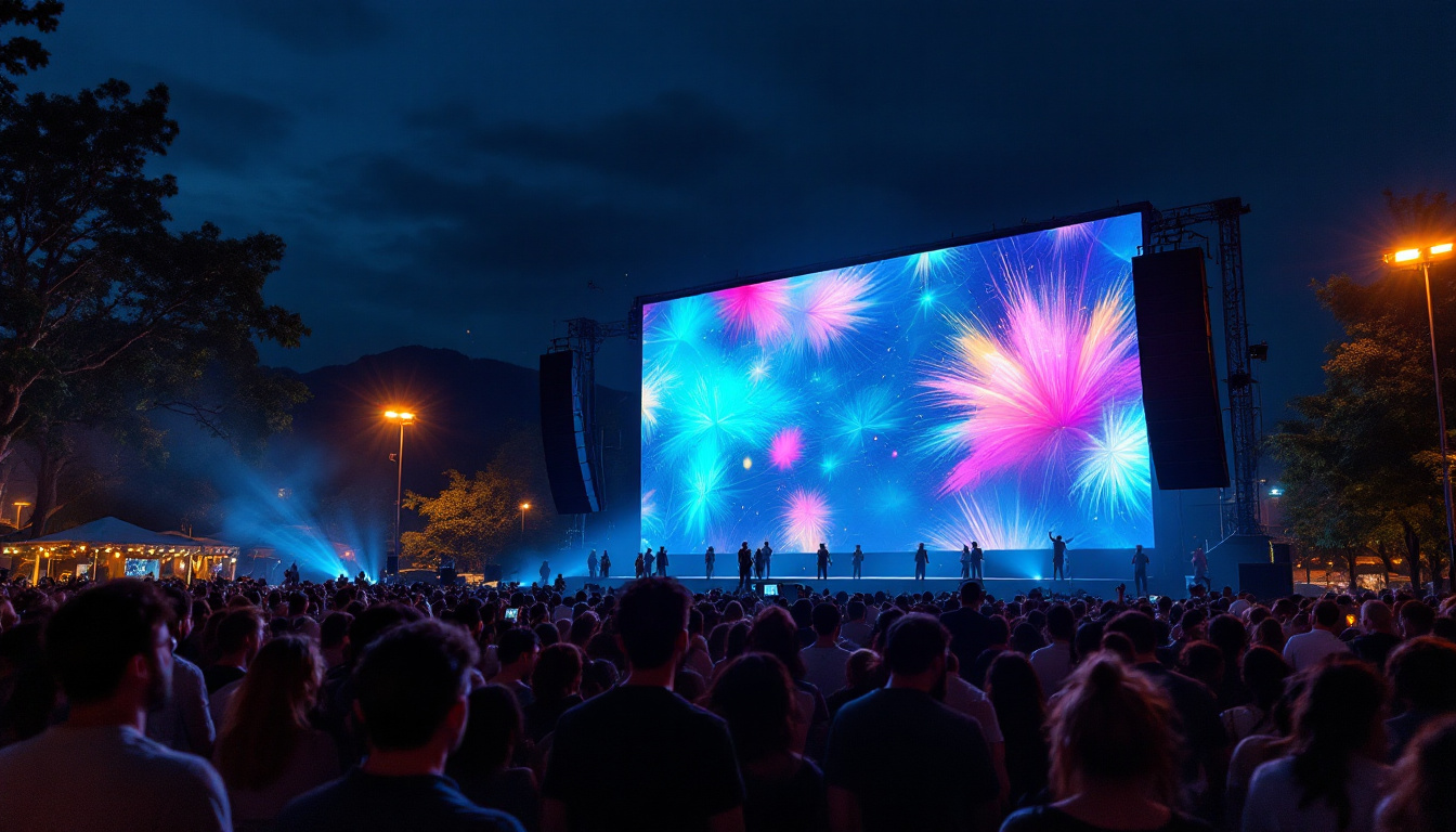 A photograph of a vibrant outdoor event featuring a large led screen displaying dynamic visuals