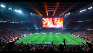 A photograph of a vibrant stadium scene featuring a large led display in action