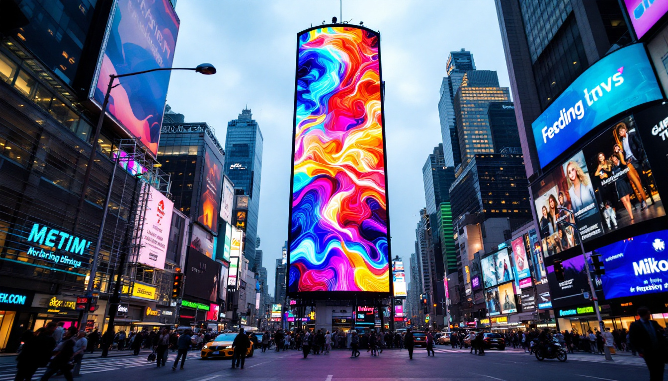 A photograph of capture a photograph of a vibrant vertical led display in an urban environment