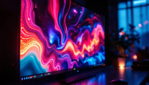 A photograph of a vibrant led backlit display in a dimly lit environment