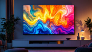A photograph of a vibrant led tv panel displaying a visually striking image