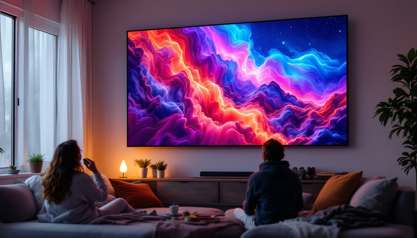 A photograph of a vibrant jumbotron screen displaying dynamic visuals in a home setting