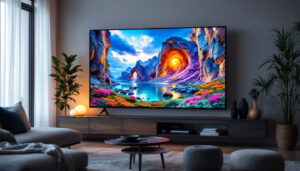 A photograph of a large led tv displaying vibrant