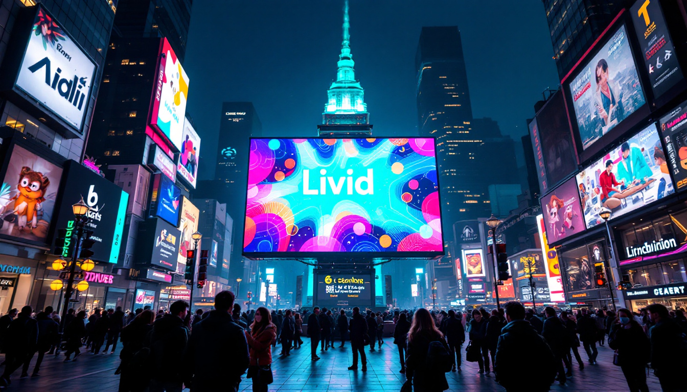 A photograph of a vibrant led display in a bustling urban setting