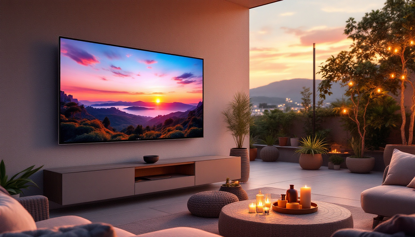 A photograph of a vibrant outdoor setting featuring an led tv mounted in a stylish outdoor living space