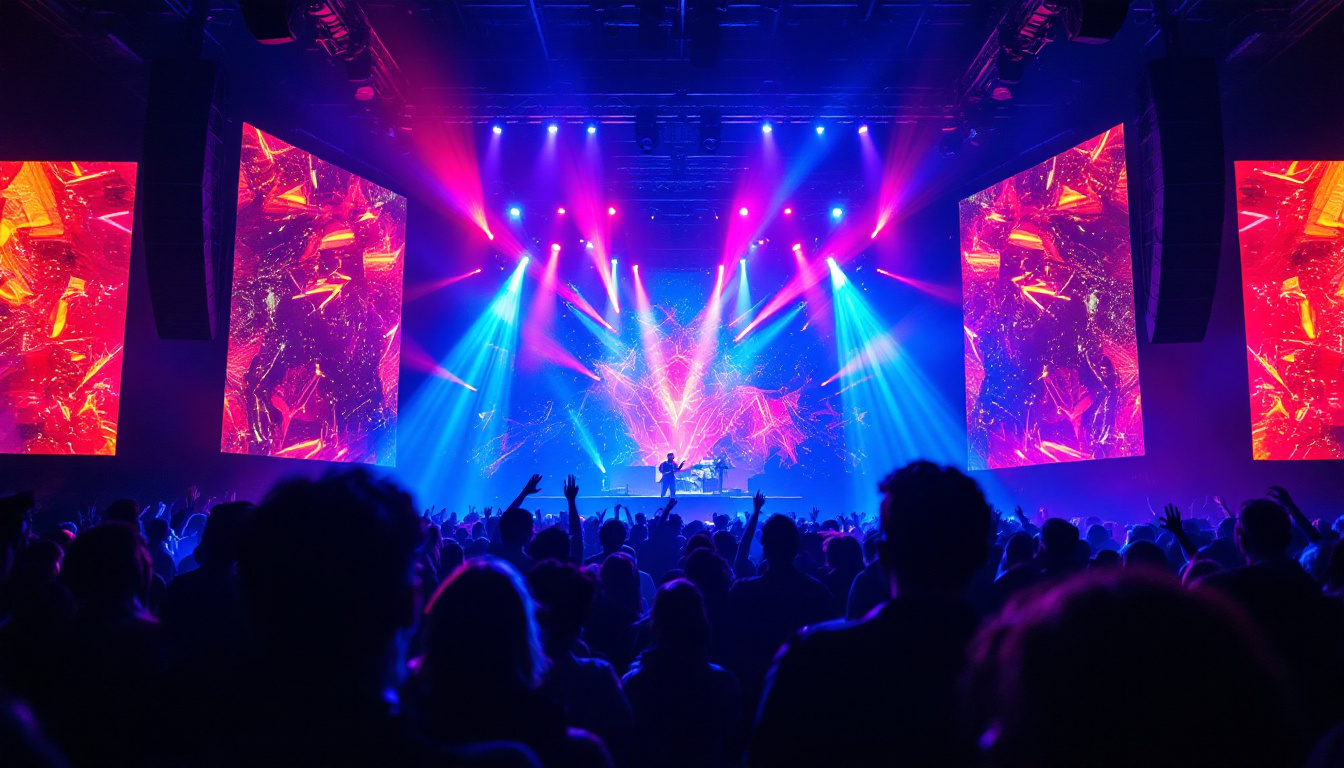 A photograph of a vibrant concert scene featuring an led display in action