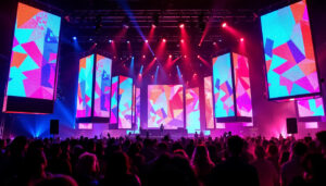 A photograph of a vibrant 10 truss led display setup at an event