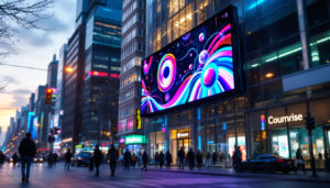 A photograph of capture a photograph of a vibrant outdoor led billboard displaying dynamic