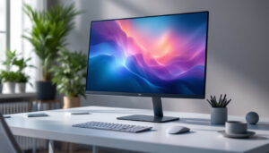 A photograph of a sleek and modern monitor stand featuring an led display in an aesthetically pleasing workspace setting