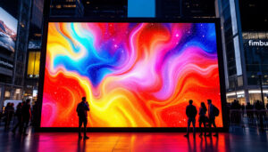 A photograph of a vibrant led poster display in an urban setting
