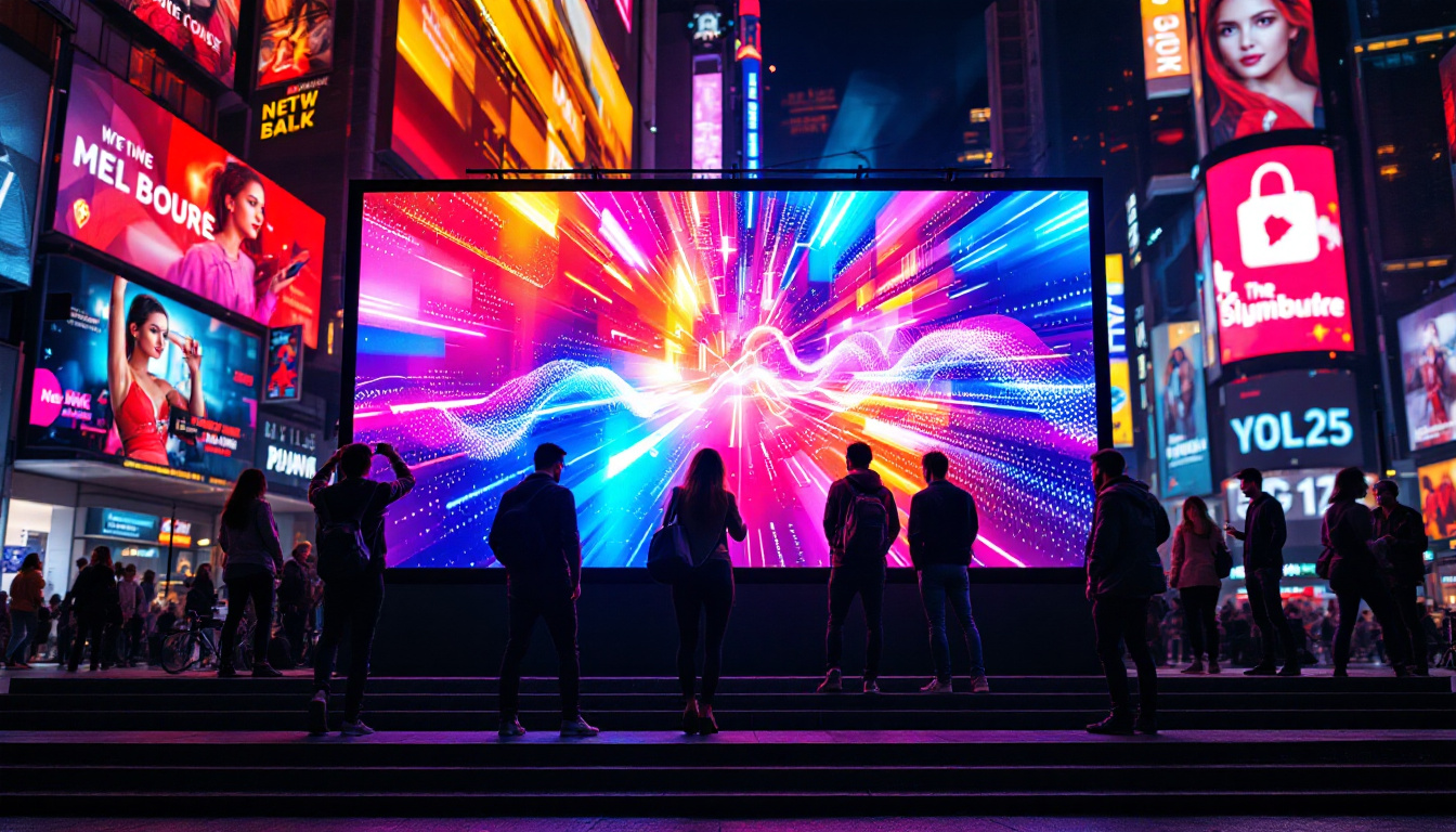 A photograph of capture a photograph of a vibrant led display in a dynamic urban setting
