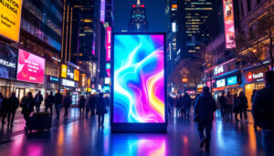 A photograph of a vibrant led digital poster display in a bustling urban environment