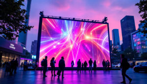 A photograph of a vibrant led display in an urban setting at dusk