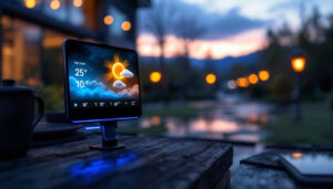 A photograph of capture a photograph of the new pixel weather app's led display in action