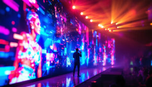 A photograph of a vibrant led display showcasing dynamic visuals powered by the novastar h2 processor