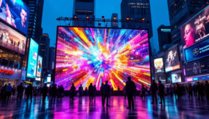 A photograph of a vibrant led display in a bustling urban setting